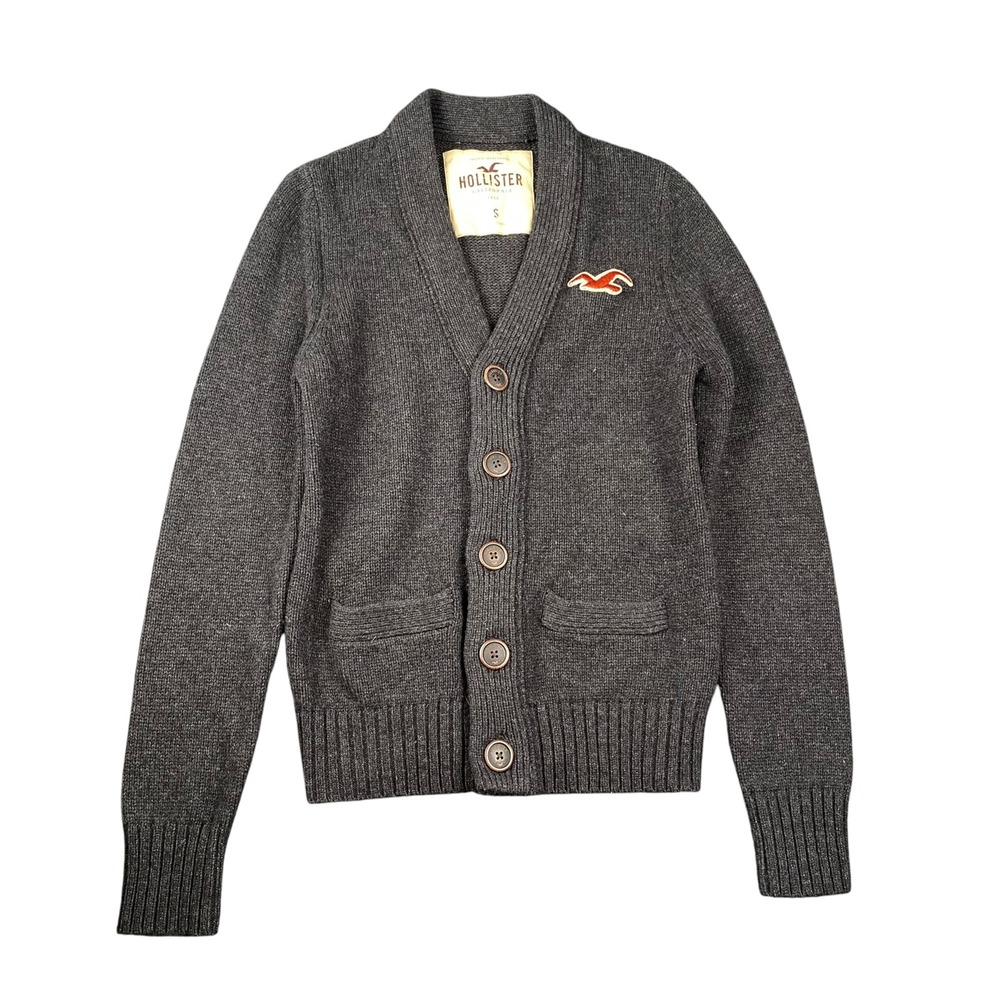 Hollister Mens Gray Wool Blend Shawl Collar Button Cardigan Sweater Small Logo